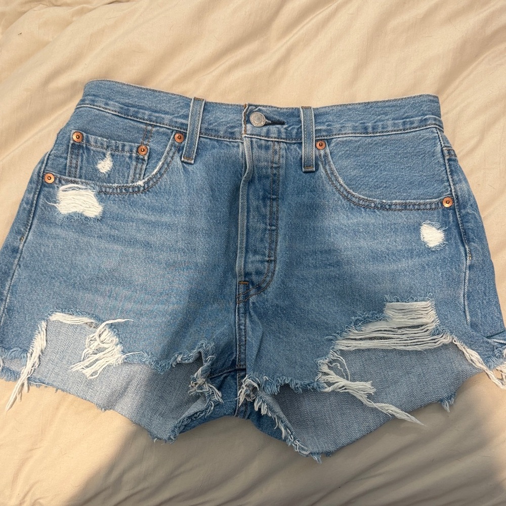 Levi's Women's 501 Medium Blue Distressed Denim Cutoff Shorts